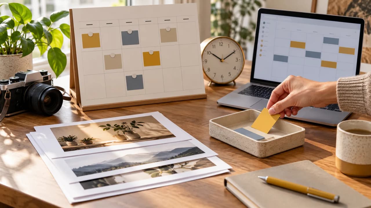 Illustrative AI-generated photo of a desk calendar, clock, camera, and paper schedule cards for reviewing recurring work