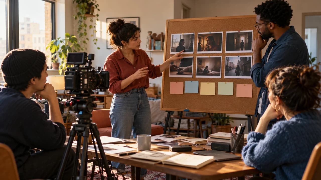 Illustrative AI-generated photo of a film crew reviewing six storyboard cards beside a camera in a sunlit room