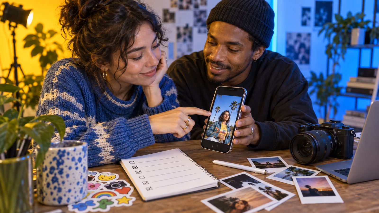 Two creators reviewing an AI-remixed phone photo beside a printed consent checklist, stylus, camera, and colorful photo stickers