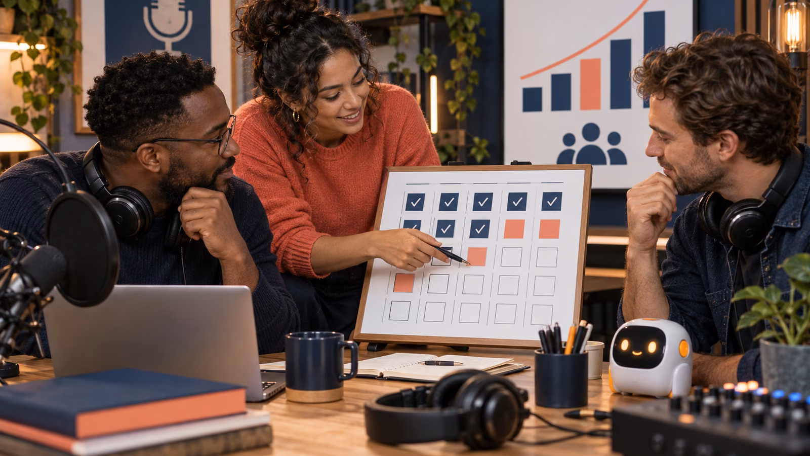 Podcast team planning a 30-day eligibility sprint with microphones, an episode calendar, growth chart, and pocket AI companion