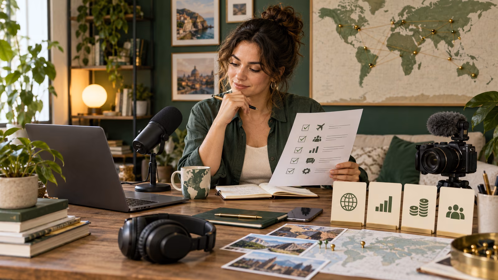 Independent podcaster reviewing a global rollout checklist beside a microphone, video camera, headphones, and world map