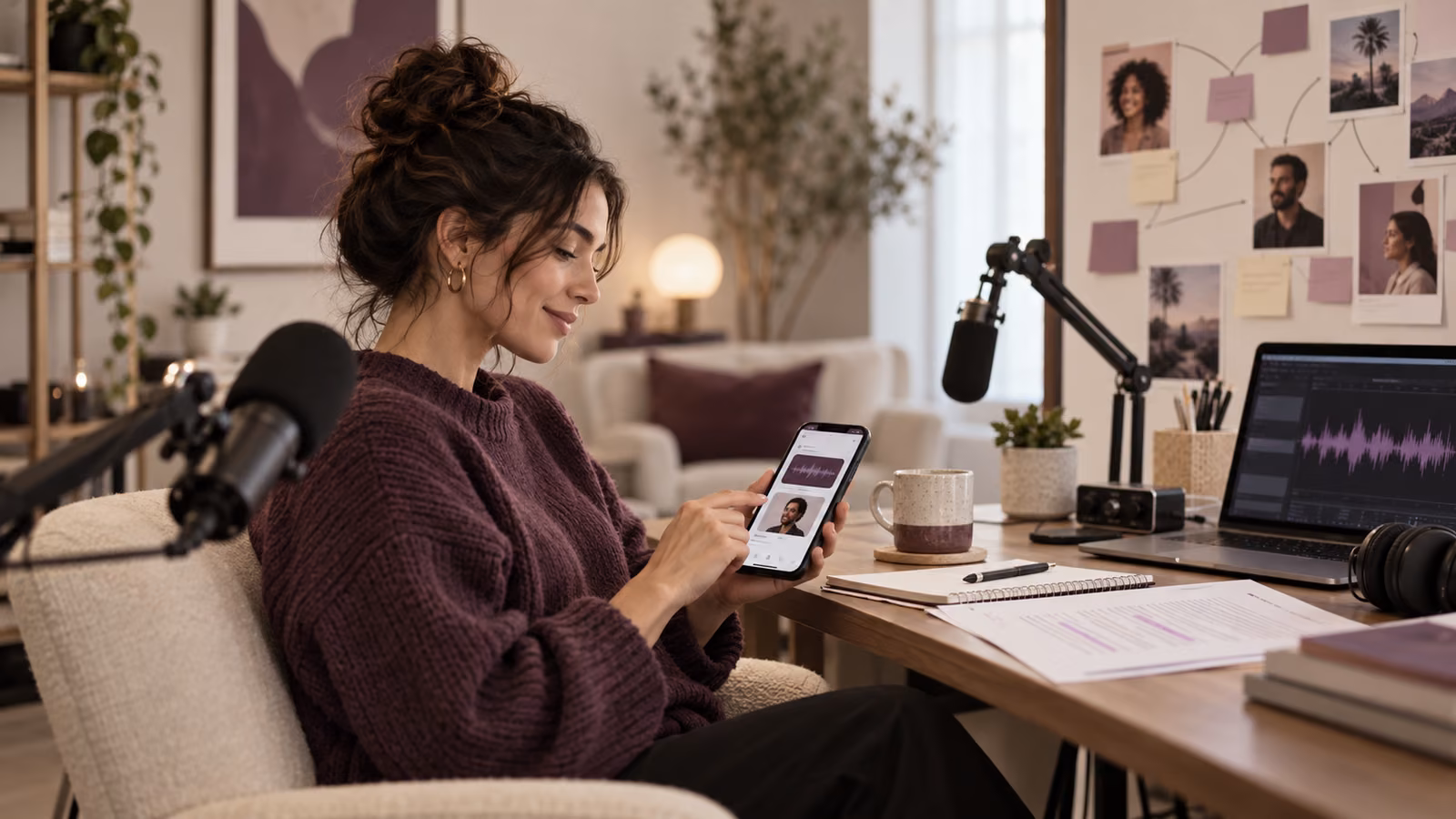 Podcast host choosing an episode clip beside microphones, waveform monitor, transcript, and conversation map