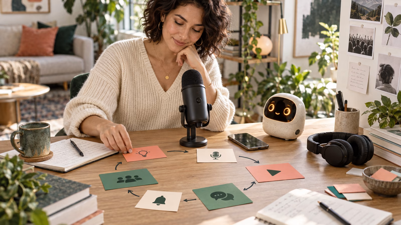 Podcast creator mapping an episode conversation loop with colored cards, microphone, headphones, phone, and a curious pocket AI companion