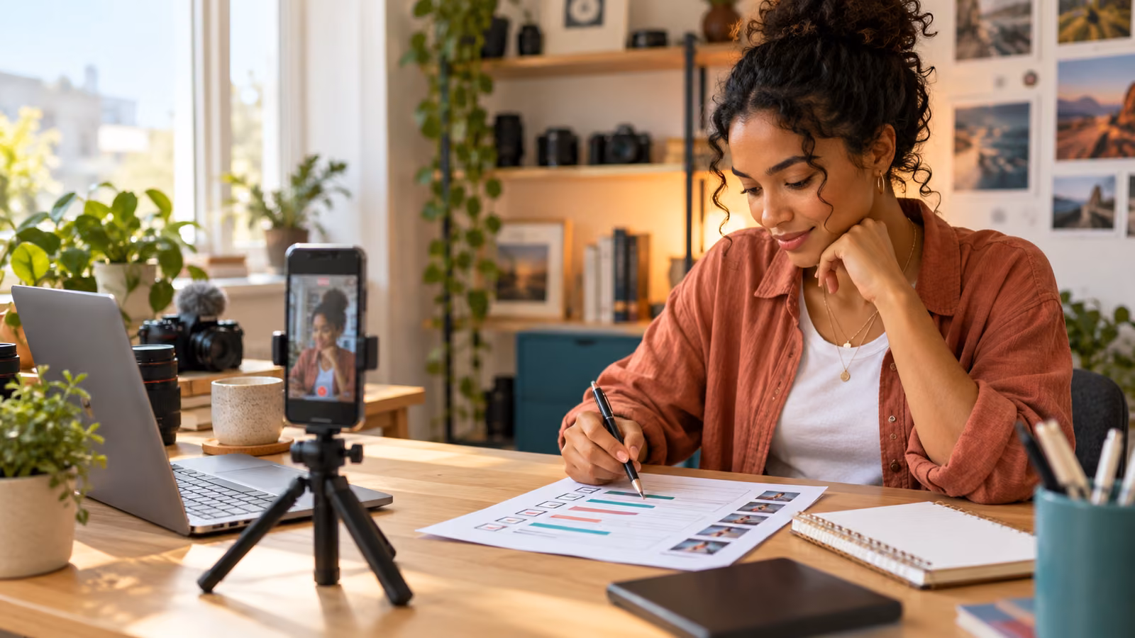 Creator marking a color-coded video review sheet at a sunlit studio desk beside a phone on a tripod, camera gear, and laptop