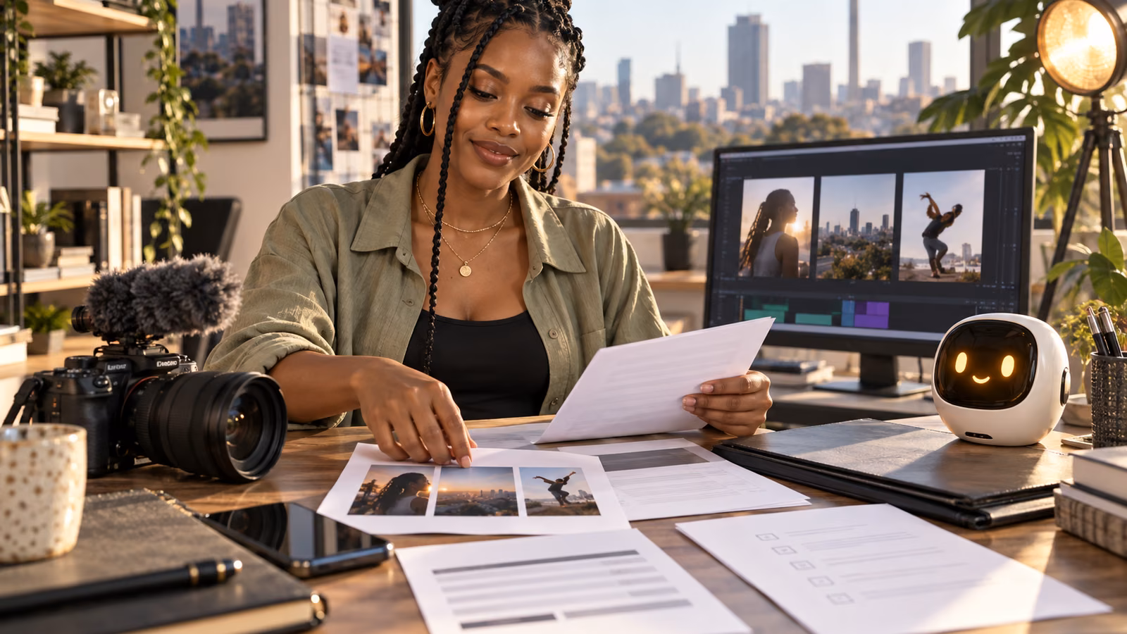 South African video creator organizing proof clips and brand-deal paperwork in a sunlit studio beside a pocket AI companion