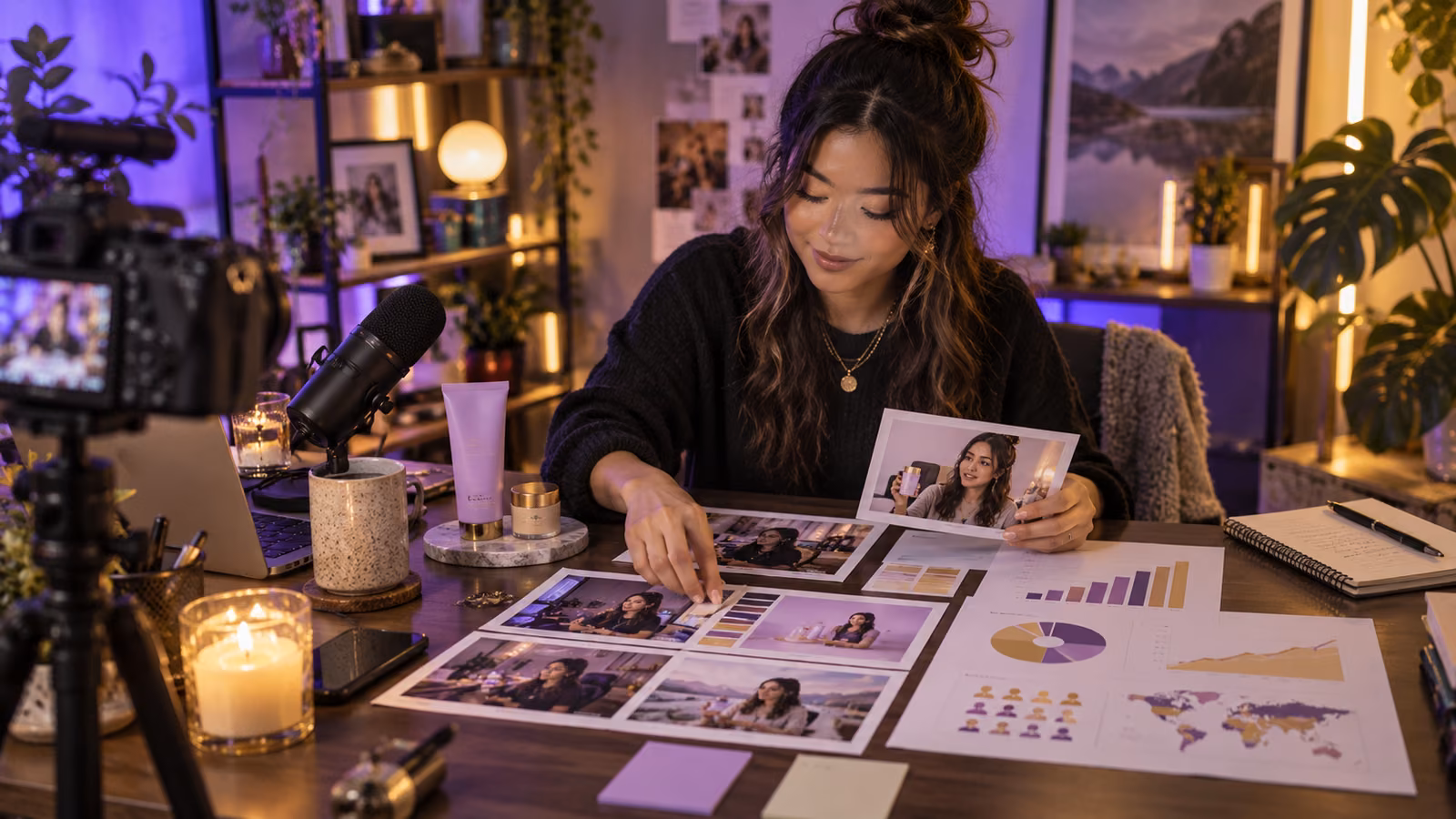 Livestream creator assembling a sponsorship media kit beside a camera, microphone, product sample, and performance charts