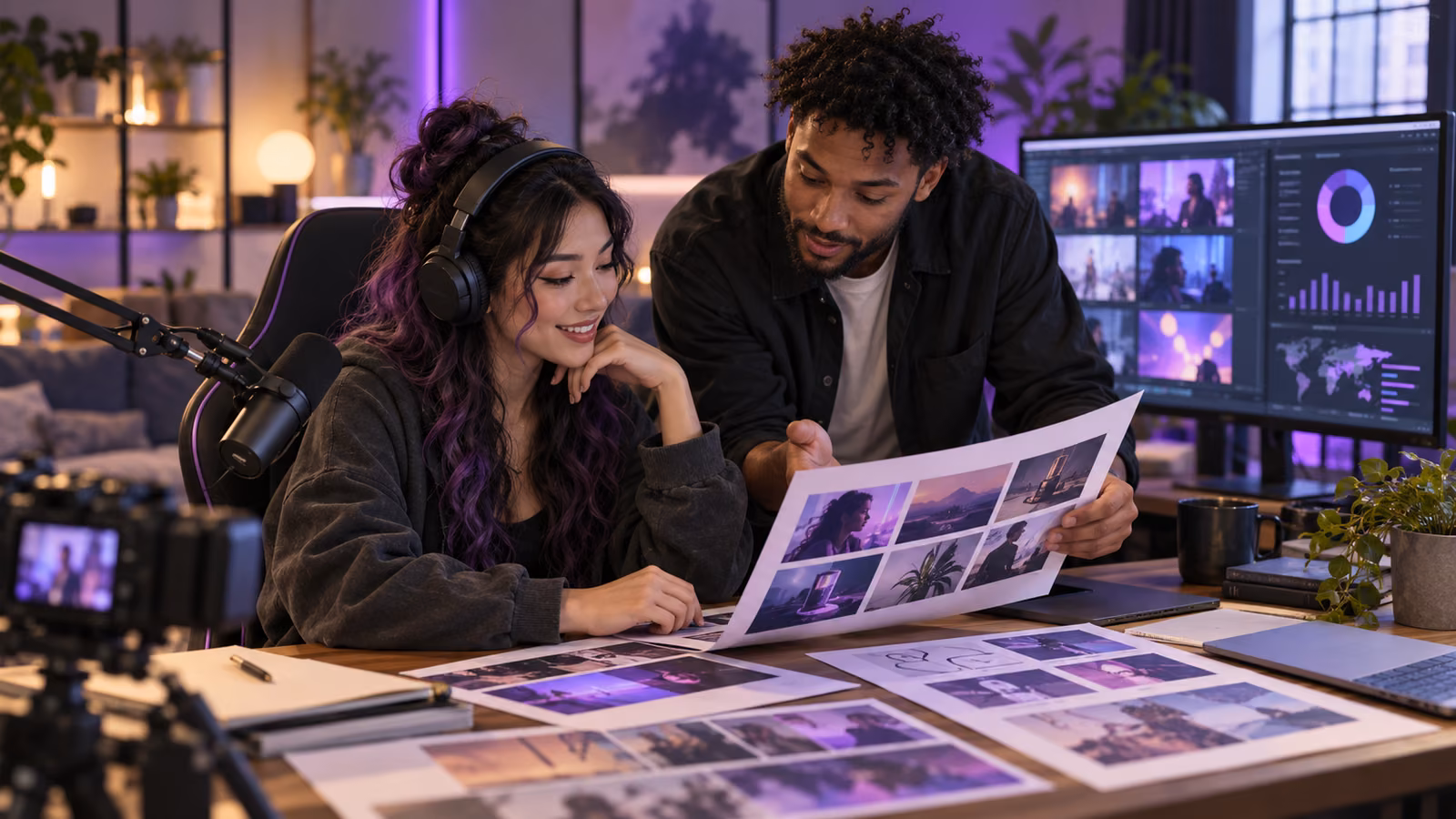 Twitch streamer and producer reviewing sponsorship clips, audience evidence, and a campaign portfolio in a purple-lit studio