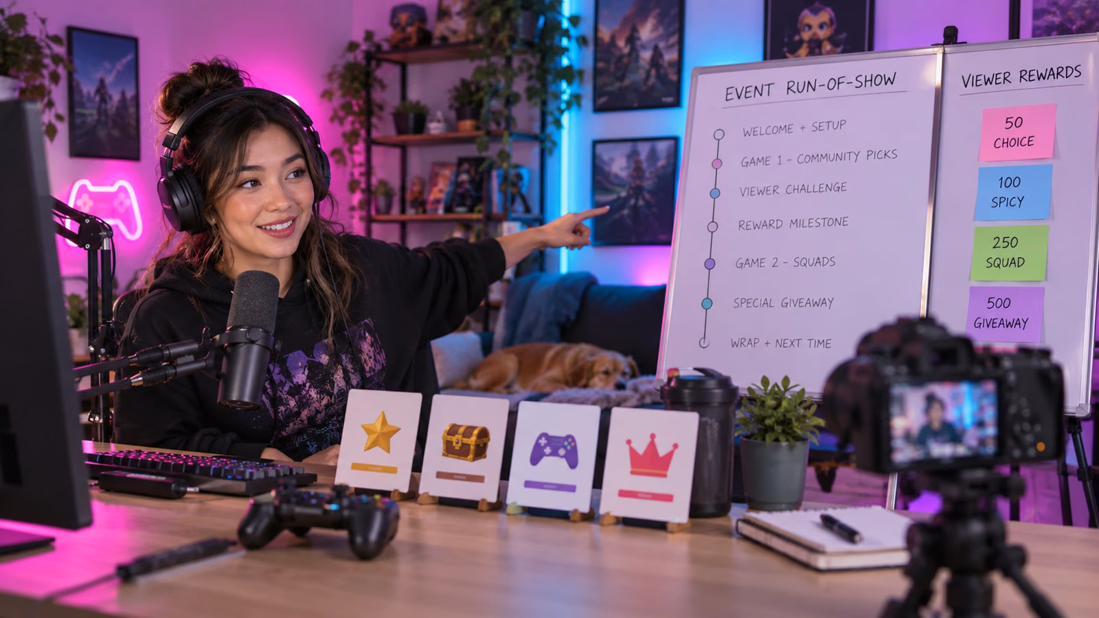 Streamer pointing to an event timeline and viewer reward milestones beside a microphone, controller, camera, and colorful studio lights