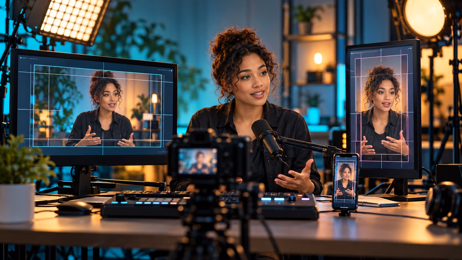 Livestream producer testing a creator in horizontal desktop and vertical phone frames with safe-zone guides