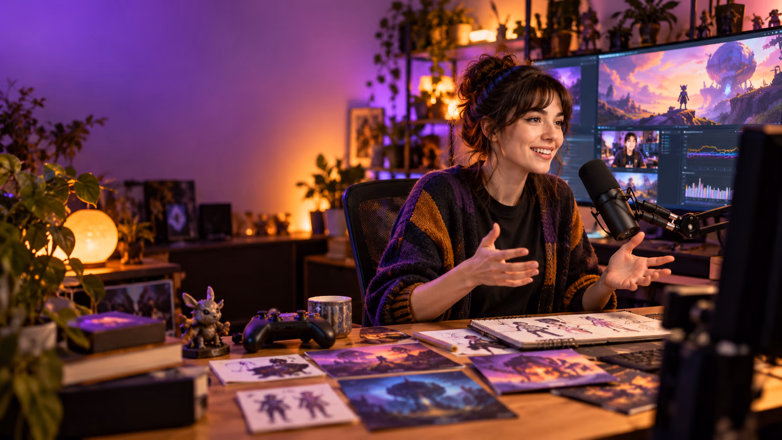 Independent game developer rehearsing a launch livestream with a microphone, controller, game art, and analytics screens