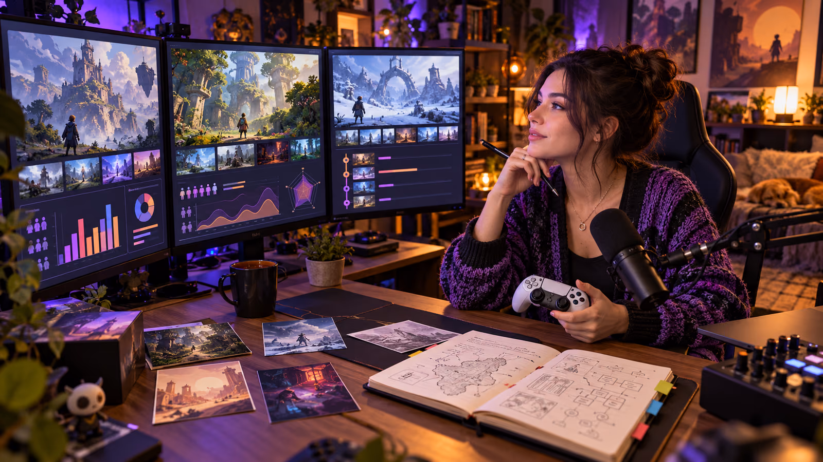 Game creator comparing indie titles, audience notes, live segment plans, and category evidence in a streaming studio