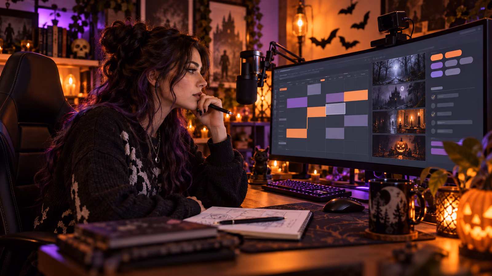 Horror game creator planning a Halloween livestream schedule and discovery tags in a dark studio