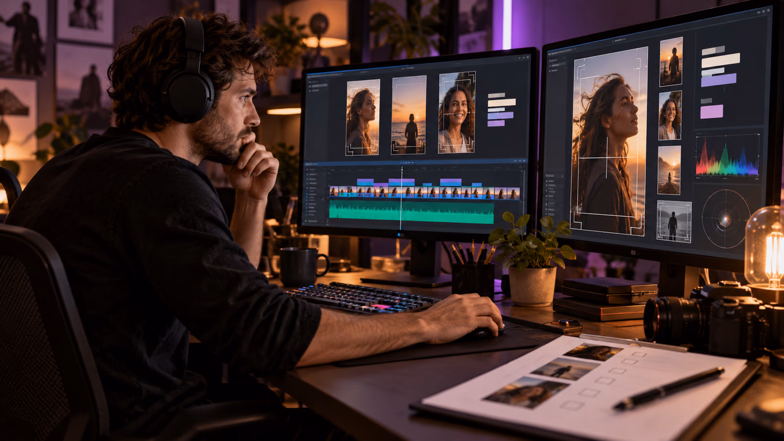 Livestream editor reviewing portrait clips, captions, consent notes, and a publishing checklist