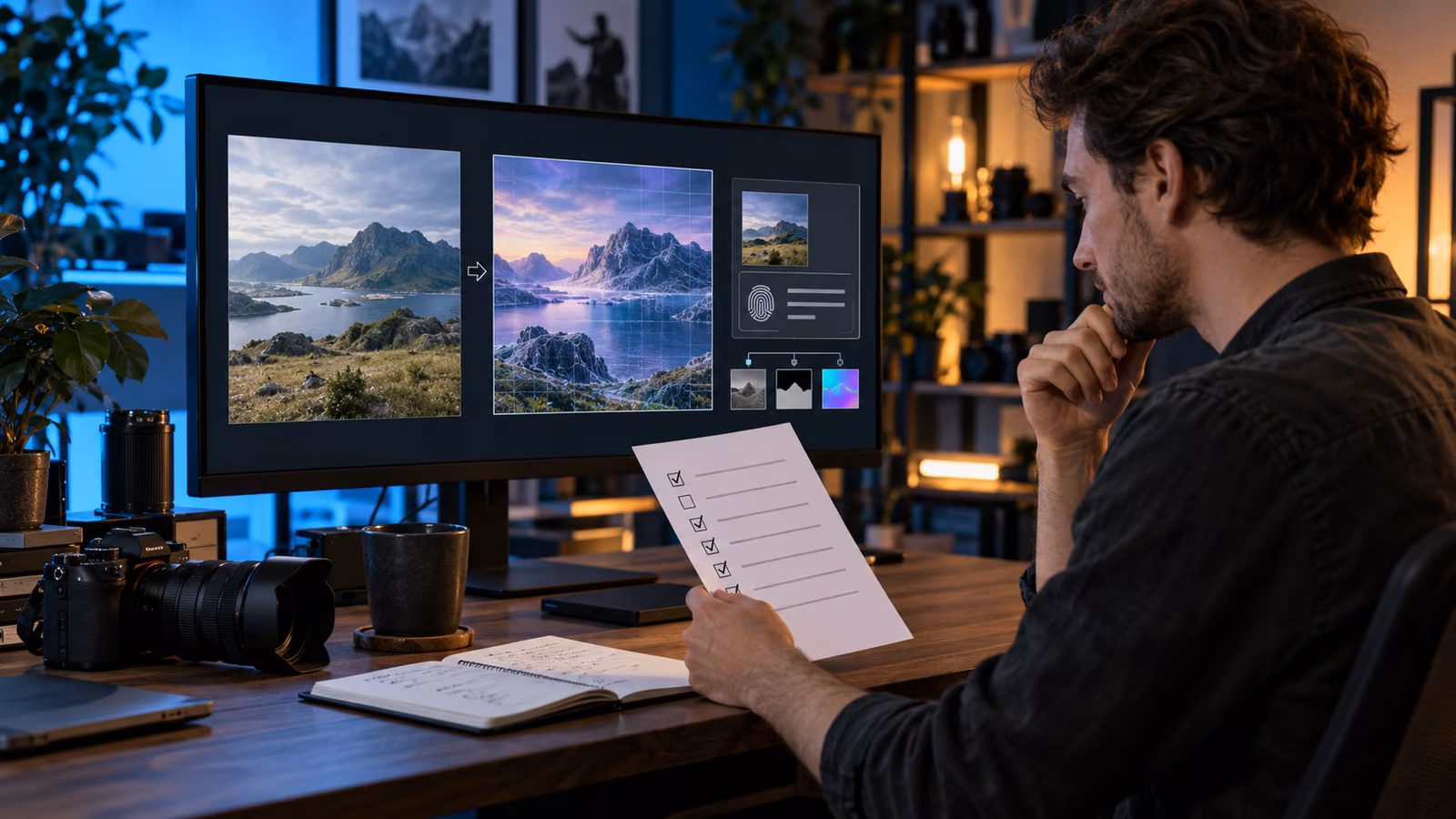 Video editor reviewing AI disclosure, provenance, consent, and publishing checks beside a creator timeline