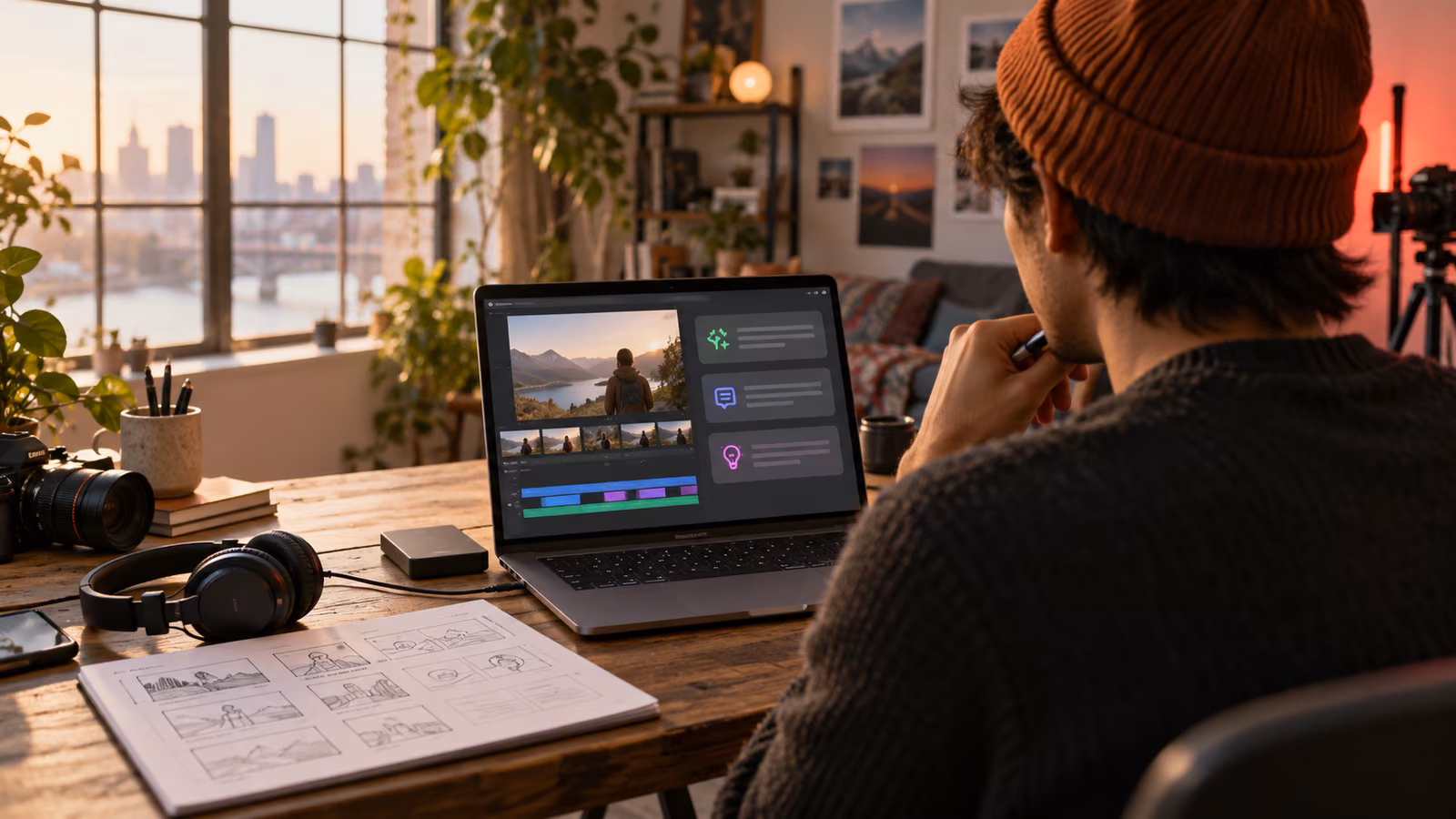Creator reviewing an abstract video timeline and AI feedback cards in a warm studio before publishing