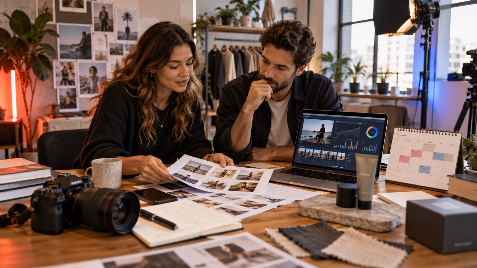 Creator and brand manager reviewing video rights, metrics access, approval status, and campaign handoff documents