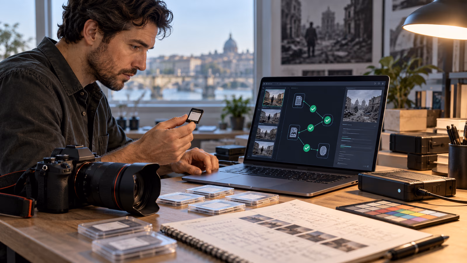 Documentary creator checking camera provenance credentials beside an untouched memory card and edit log