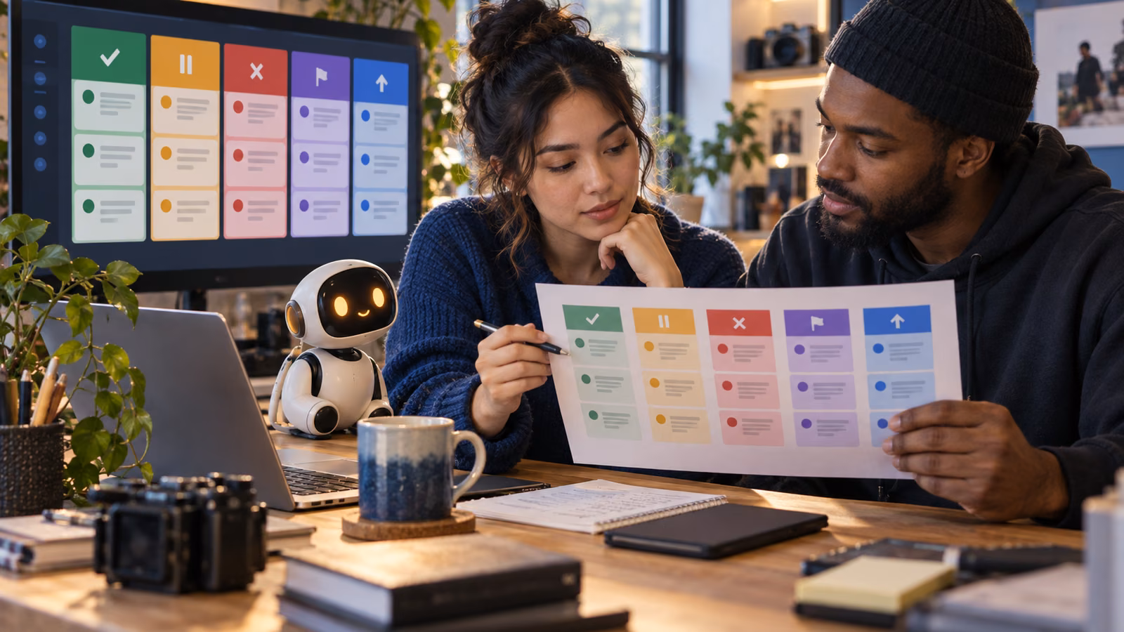 Creator and human moderator reviewing a color-coded comment calibration sheet beside a monitor and attentive pocket AI companion