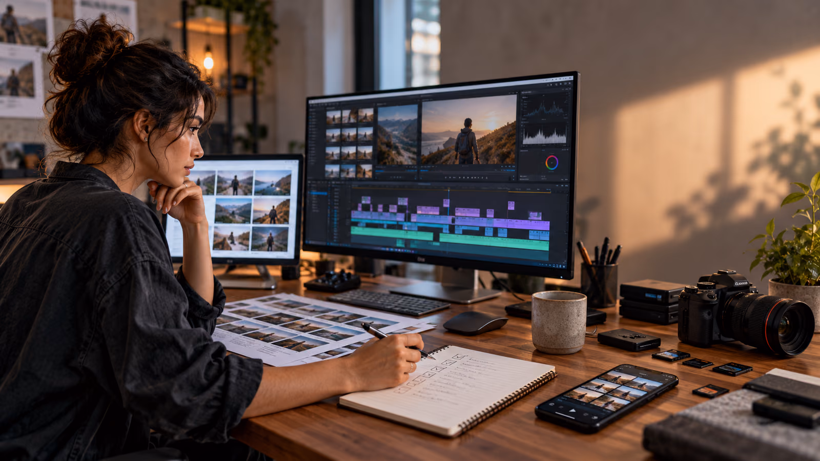 Creator comparing an AI-assisted video timeline with a handwritten approval and edit checklist