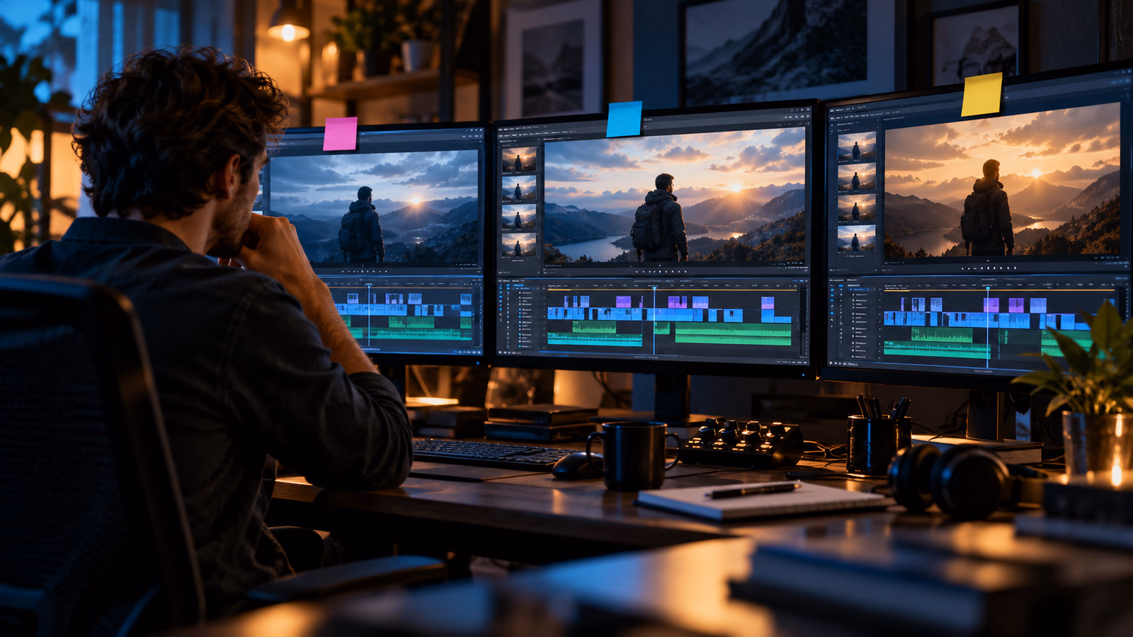 Video editor comparing three cuts of the same mountain scene on studio monitors with pacing notes