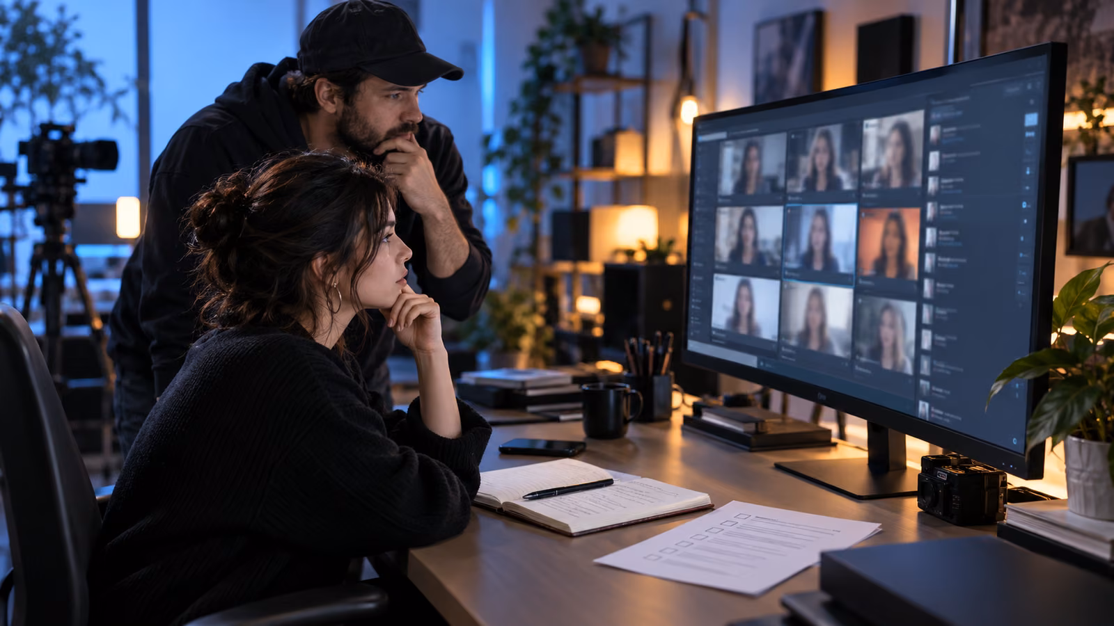 Creator and producer reviewing possible AI likeness matches with an incident checklist in a blue-lit studio