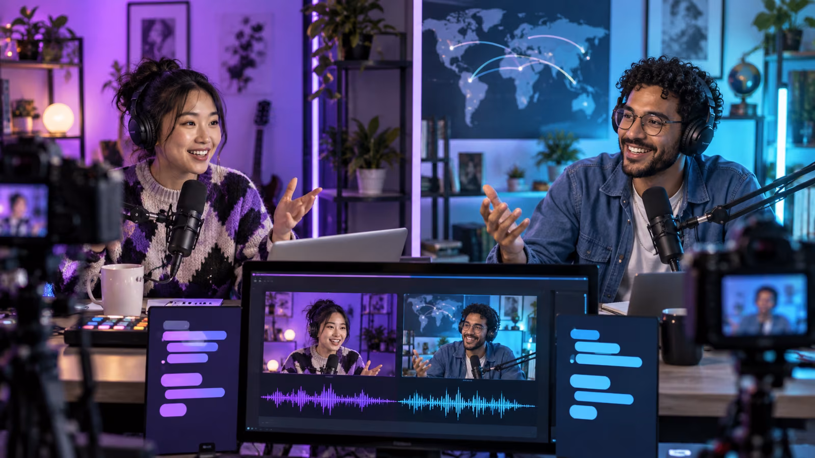 Two livestream hosts in connected studios rehearsing a multilingual broadcast with cameras, microphones, and waveform monitors