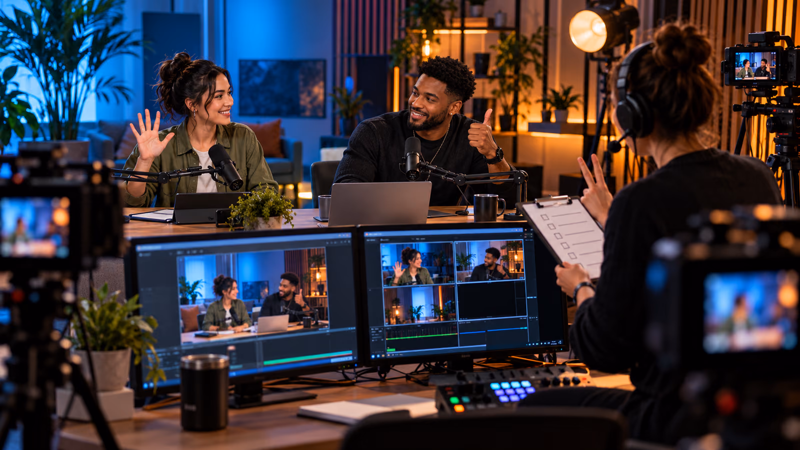 Two livestream co-hosts and a producer rehearsing cameras, microphones, hand cues, and moderation checks