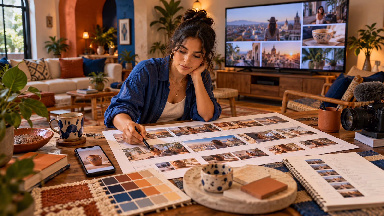 Bilingual creator reviewing a connected-TV episode storyboard beside a product evidence and mobile shopping handoff plan