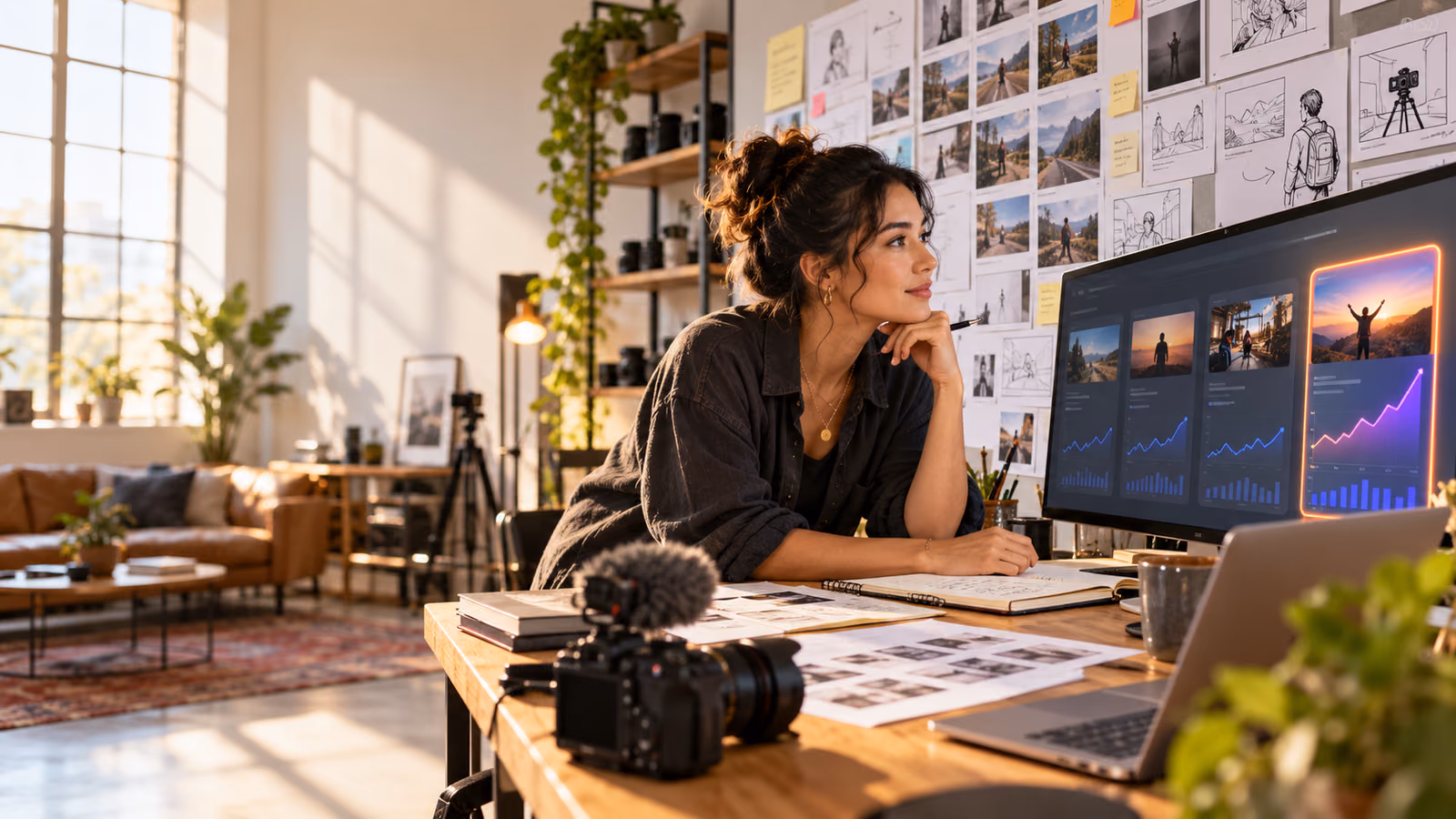 Video creator reviewing an unusually high-performing analytics card and storyboard ideas in a bright production studio