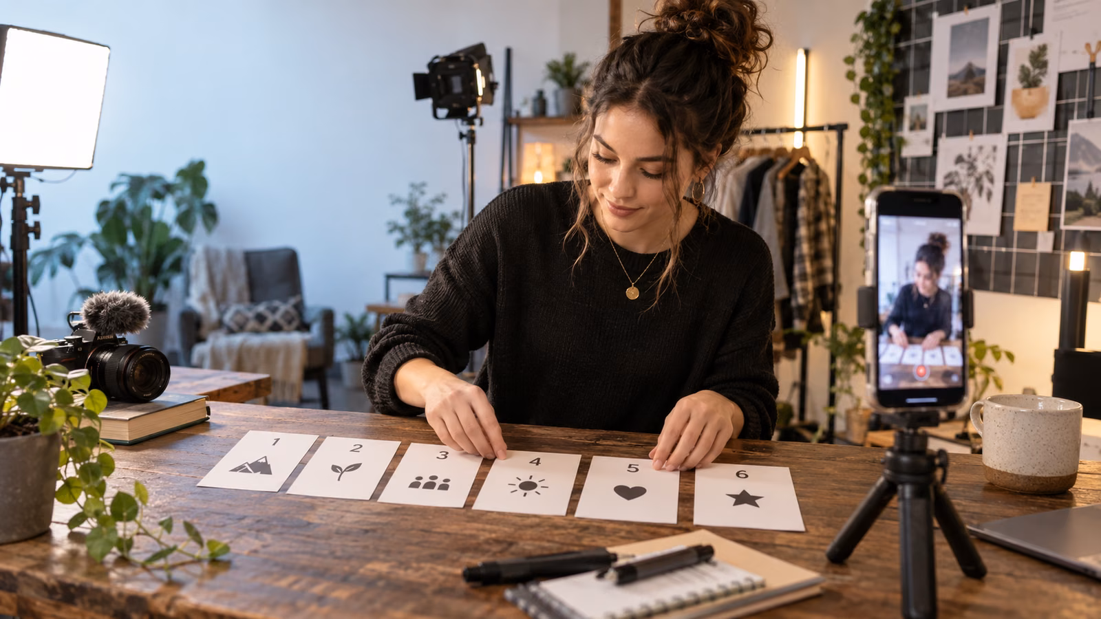 Video creator arranging six numbered episode cards beside a portrait phone camera in a warmly lit home studio