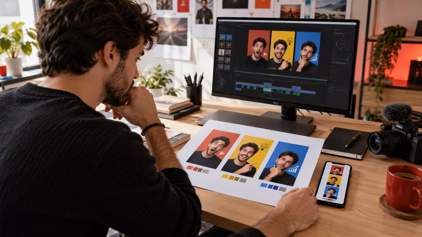Creator comparing custom vertical Shorts thumbnail concepts on a phone and desktop proof sheet