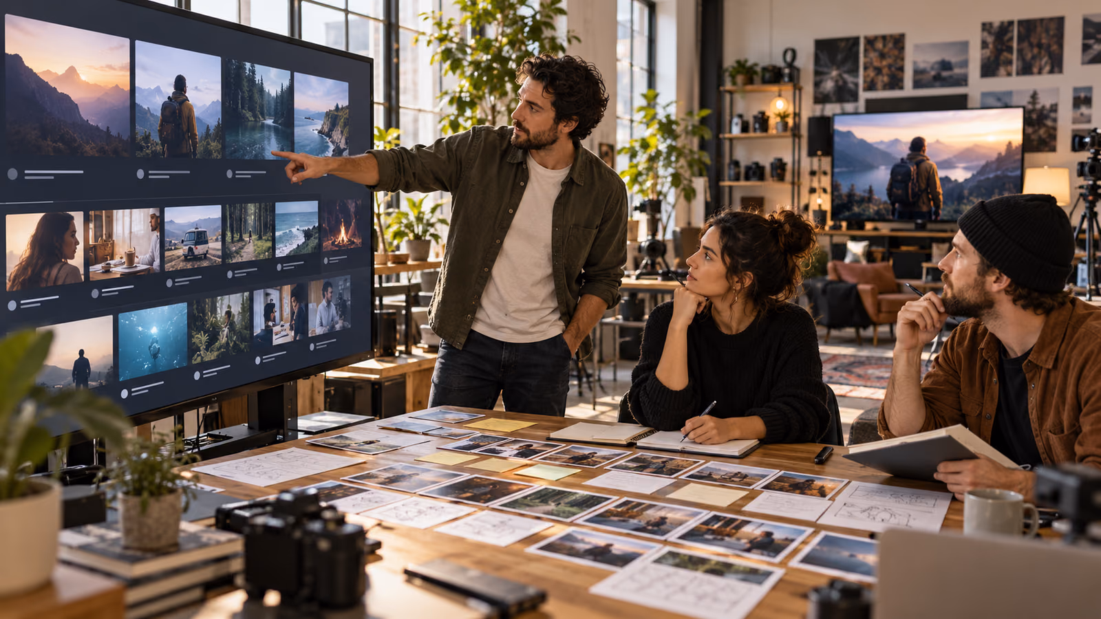 Creator team arranging video episode cards, season artwork, continuity notes, and television previews