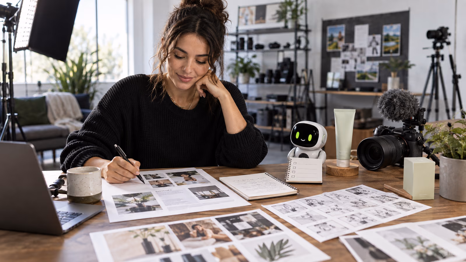 Video creator preparing a sponsor media kit and production brief beside camera gear and a pocket AI companion