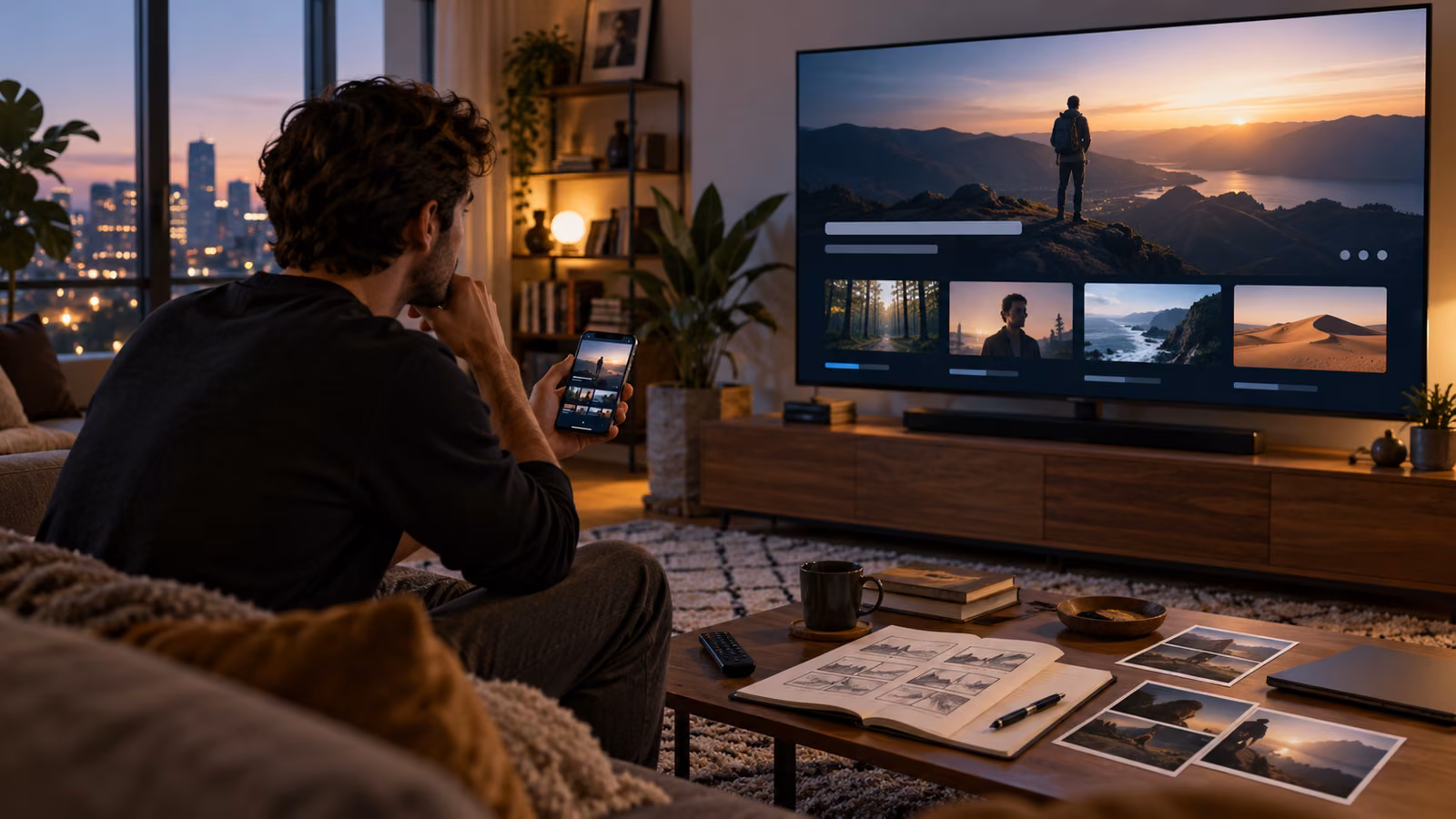 Creator testing a cohesive YouTube series across a large television, phone, remote control, and episode cards