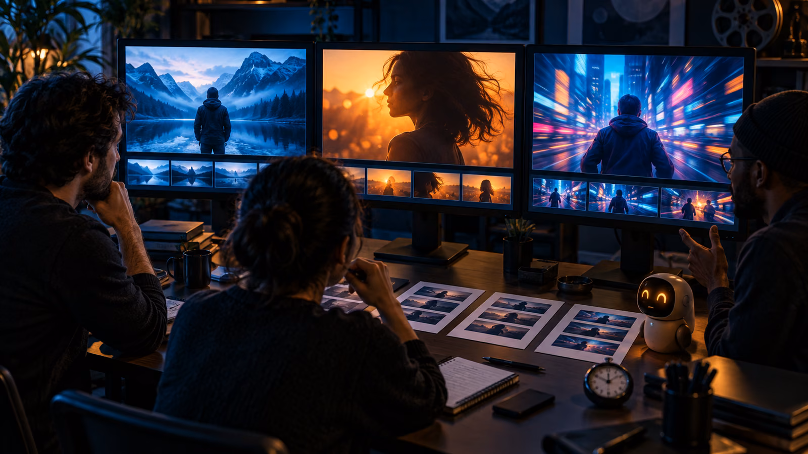 Creator team comparing three alternate video openings on studio monitors beside experiment cards and a pocket AI companion