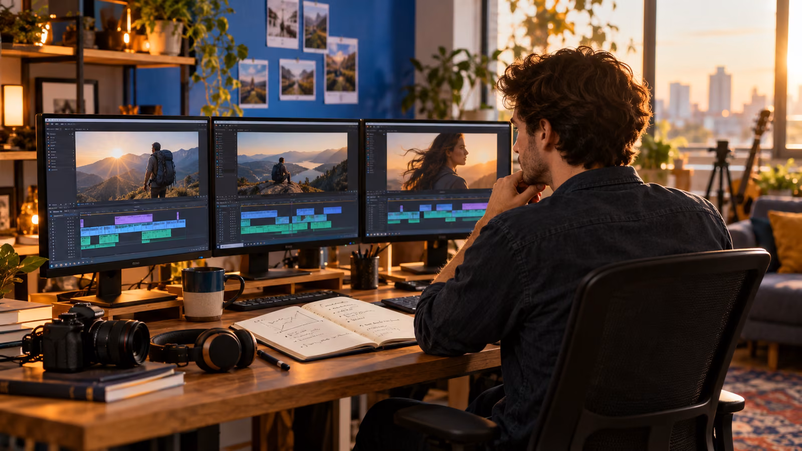 Video creator comparing three timeline cuts across studio monitors while reviewing audience retention notes