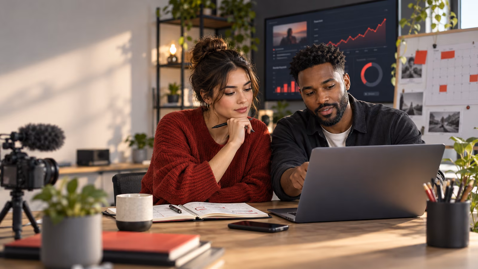 Creator and business manager reviewing YouTube monetization terms, channel activity, and a revenue calendar in a bright studio