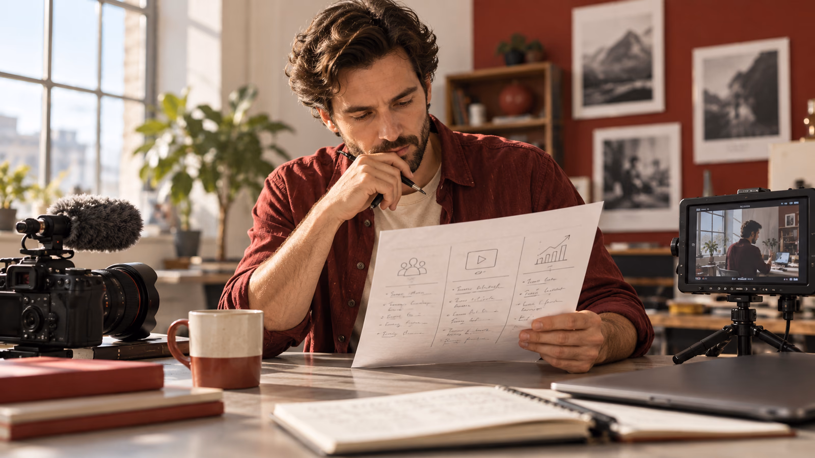 Video creator reviewing a three-column YouTube revenue scenario sheet beside a camera and production monitor