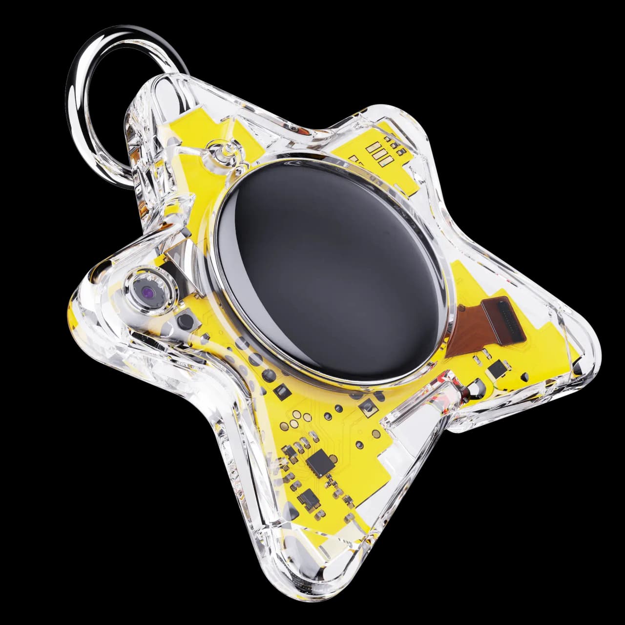 Oneira Crystal edition — transparent pocket companion device with an expressive digital face, concept render