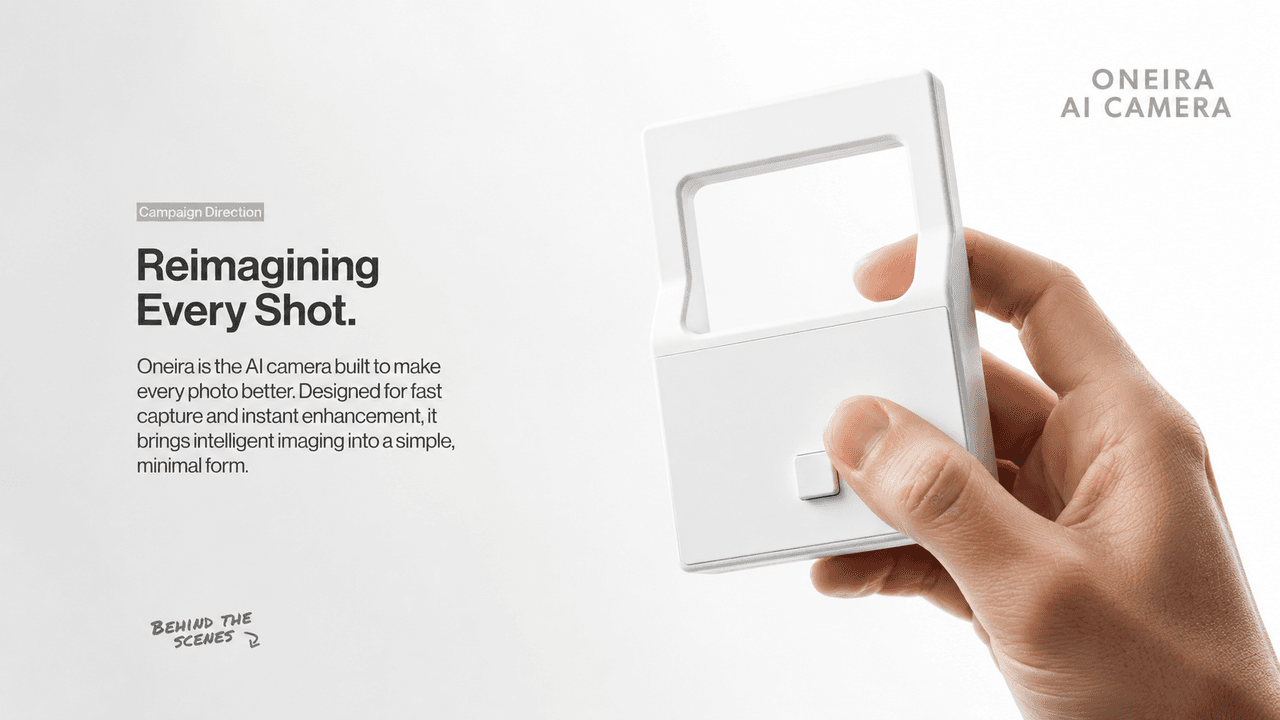 Campaign direction — Reimagining every shot. Oneira is the AI camera built to make every photo better: designed for fast capture and instant enhancement in a simple, minimal form.