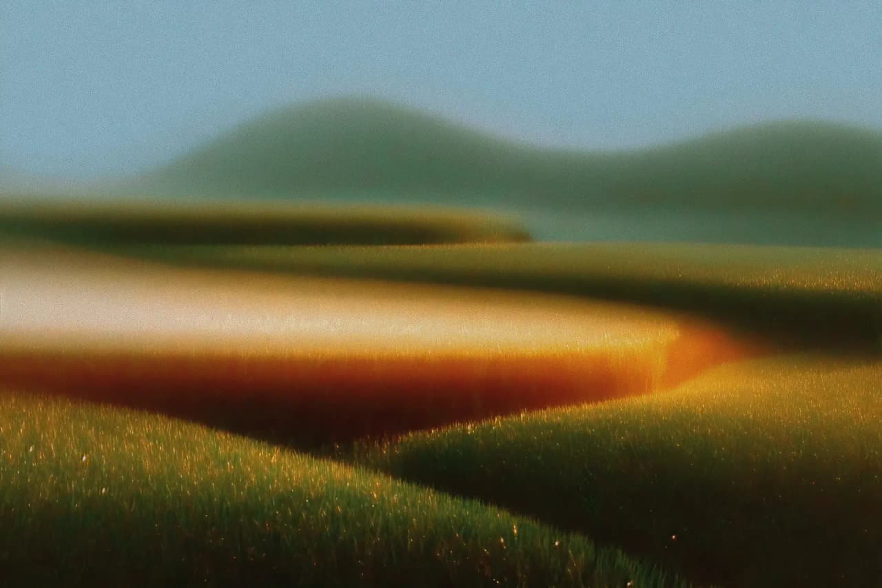 Warm orange valley surrounded by textured hills under a blue sky