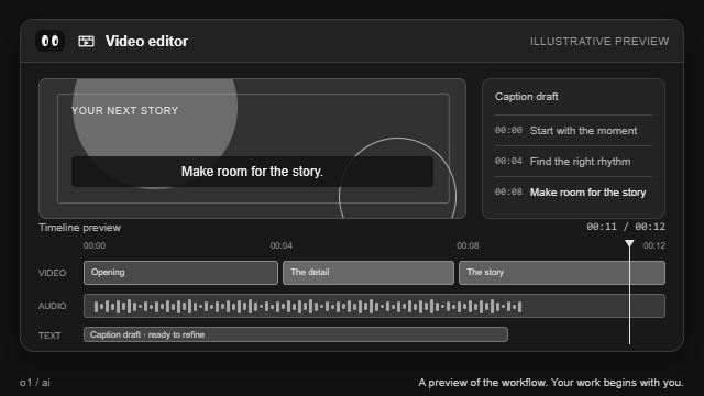 Illustrative Video editor preview: a video timeline moves through a proposed edit.
