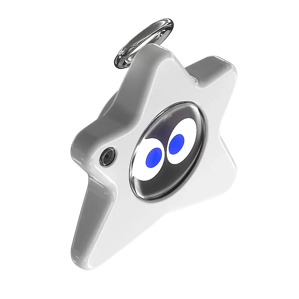 Silver star-shaped o1 character with large eyes and a hanging ring