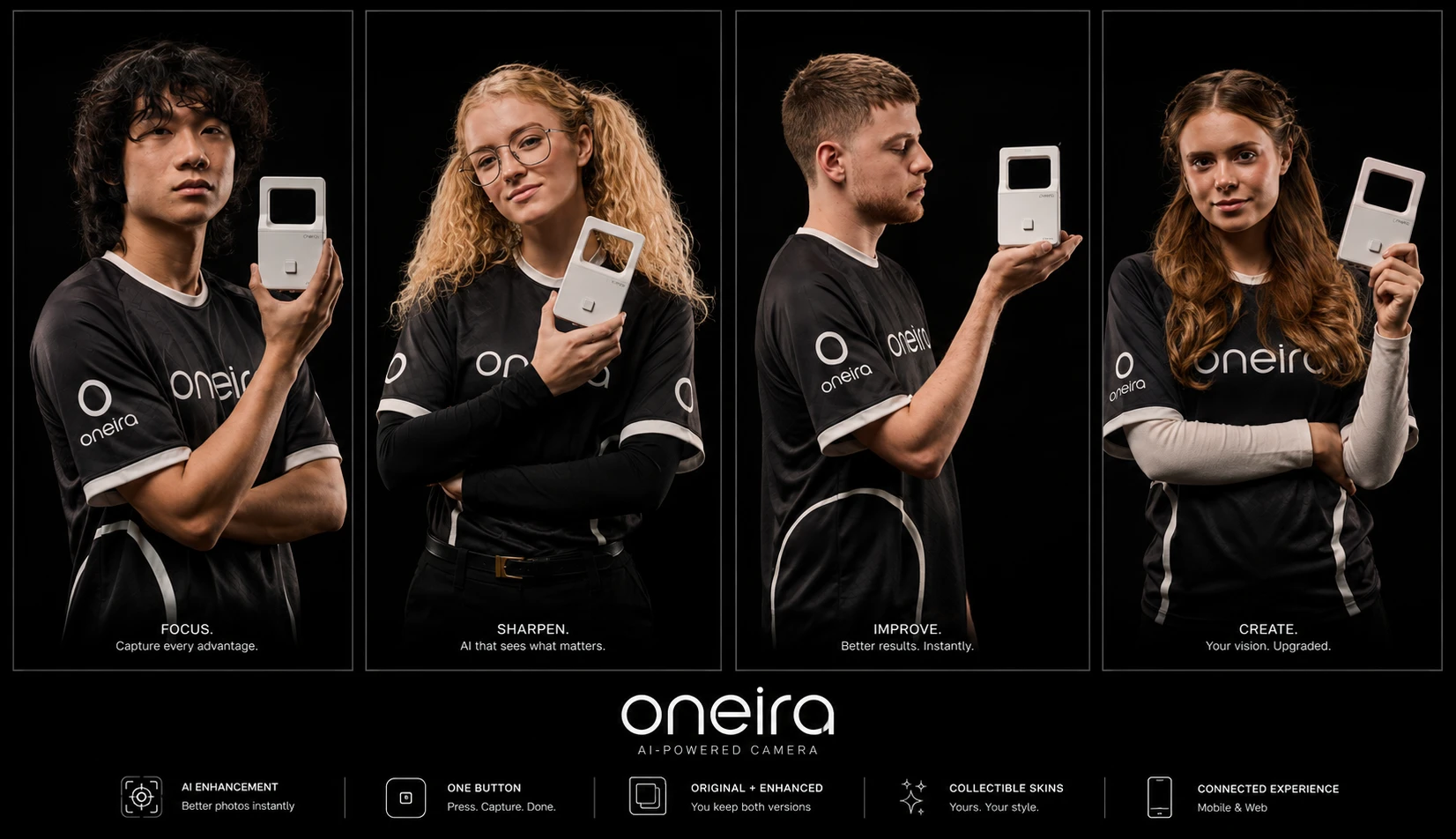 Oneira campaign — four creators holding the Oneira AI camera, with the feature lineup